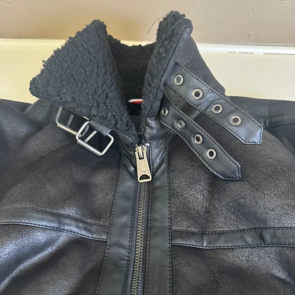 Tommy Hilfiger Men's Black‎ Faux Leather Shearling Lined Aviator Jacket Size L